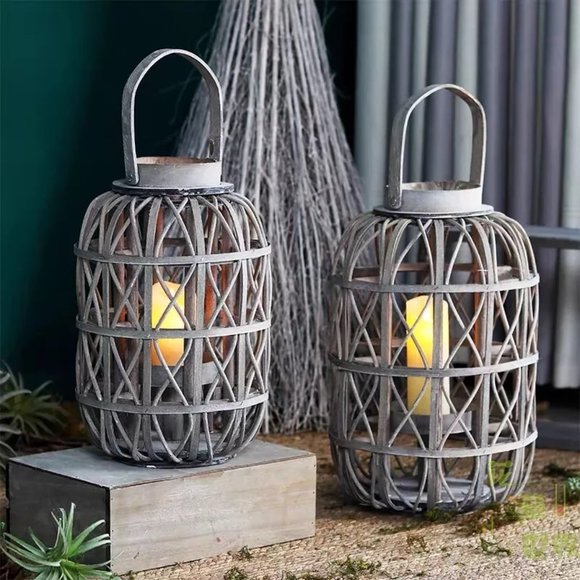 Rustic Farmhouse Decor (4-Pack) Large Wooden Lantern Woven Willow - Picture 5 of 6